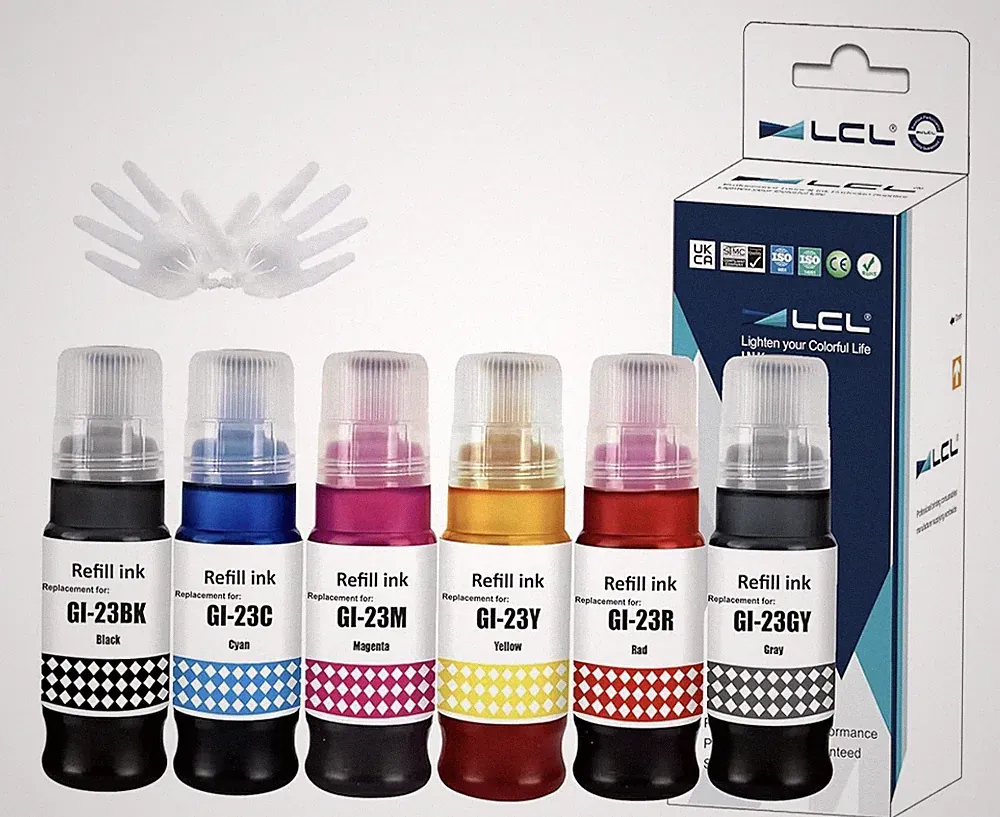 LCL GI-23 Ink Bottle Replacement for Canon 23 GI-23 cannon pixma 6 pack BCMYRG