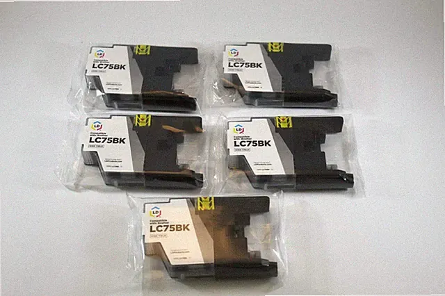 Lot of 5 High Yield LD Brand LC75BK Ink Cartridges for Brother Printers